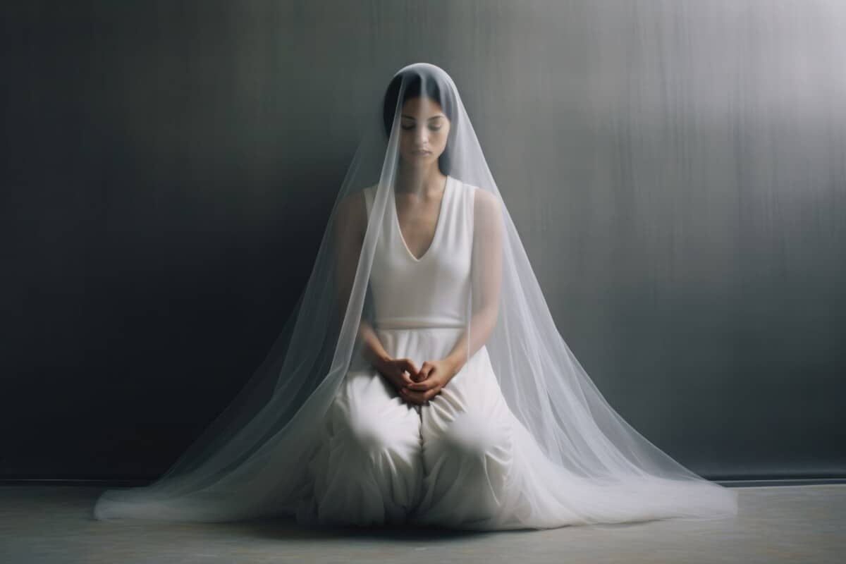 Bride in wedding veil sitting in meditation