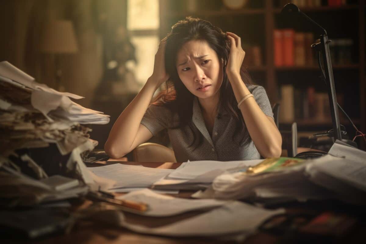 Stressed woman sitting at her cluttered desk with piles of paperwork