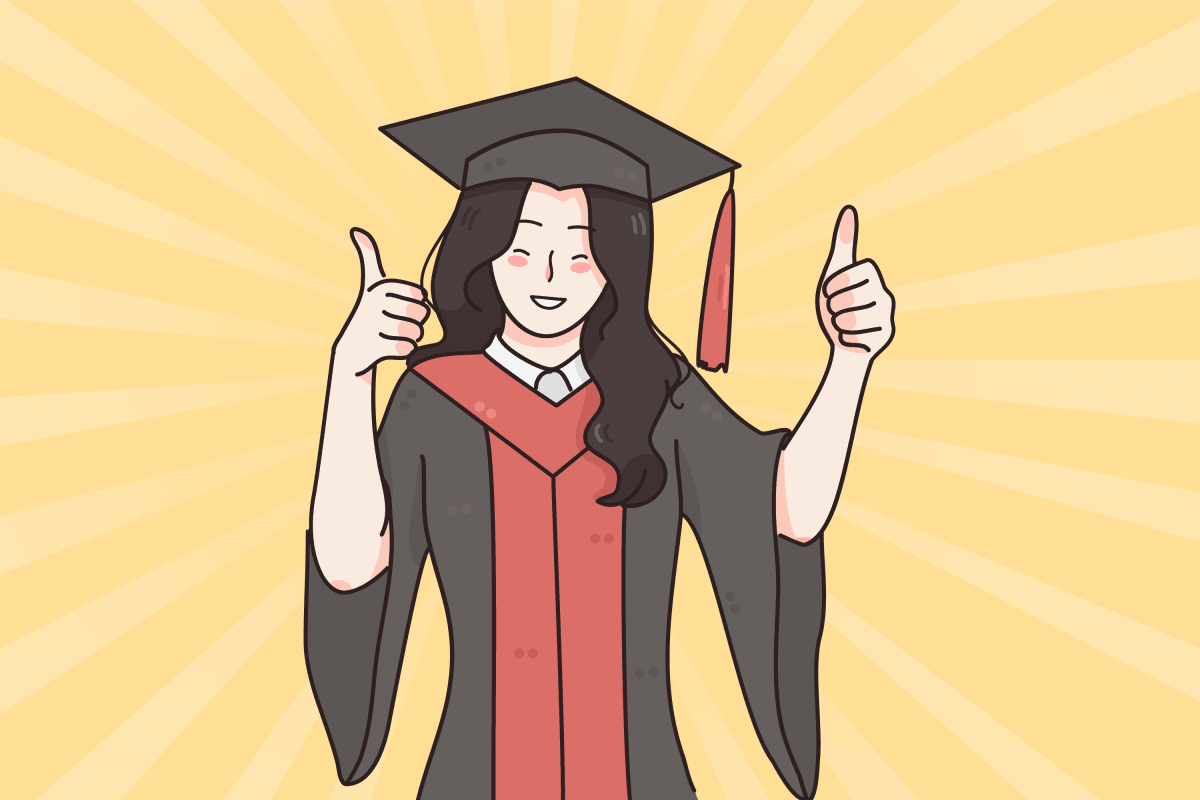 Woman in cap and gown, graduating from college