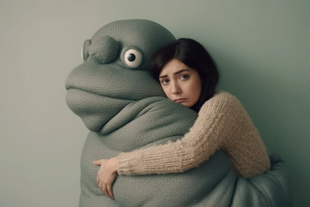 Woman hugging giant stuffed animal, who hugs her back